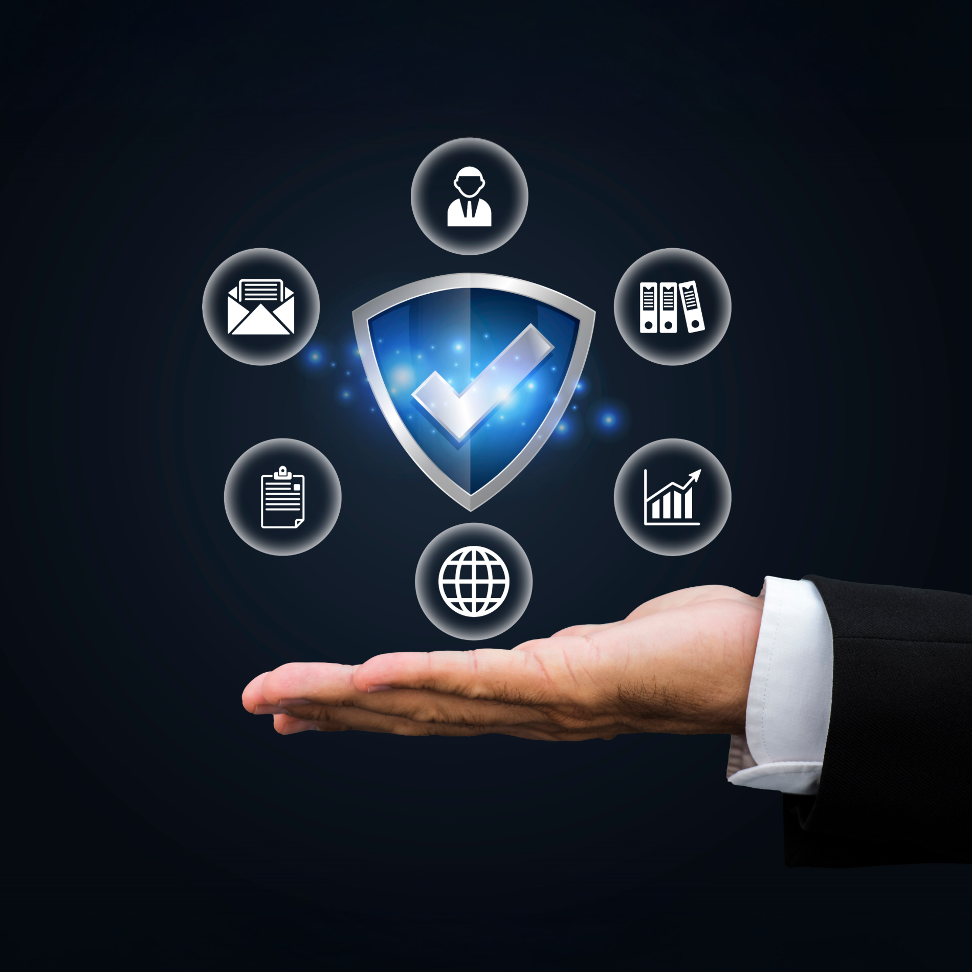 Secure digital logistics solutions and trust in global freight forwarding, represented by shield, icons, and business hand